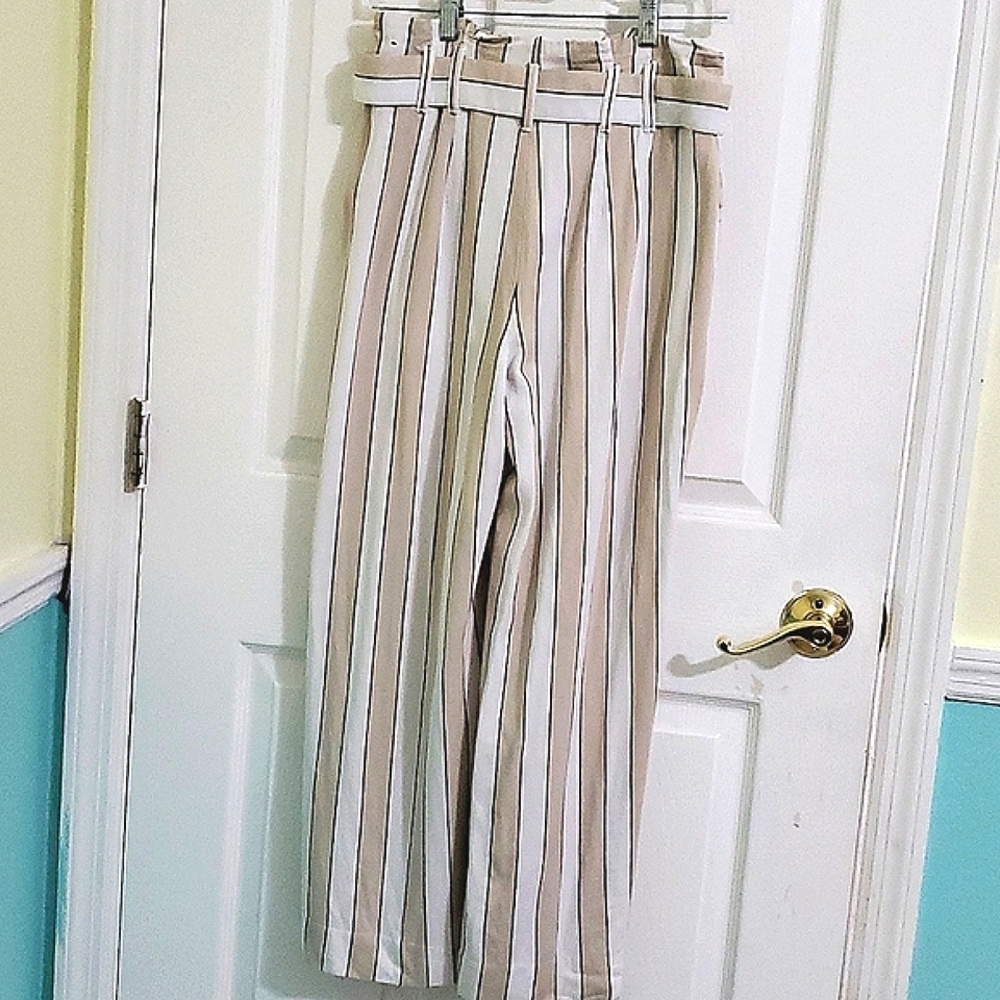 Abercrombie & Fitch White & Beige Striped High-Waist Wide Leg Paperbag Pants S - Picture 6 of 14